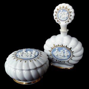 Vtg Japanese Amthor Imports Perfume Bottle Powder Dish Set Jasperware Intaglio